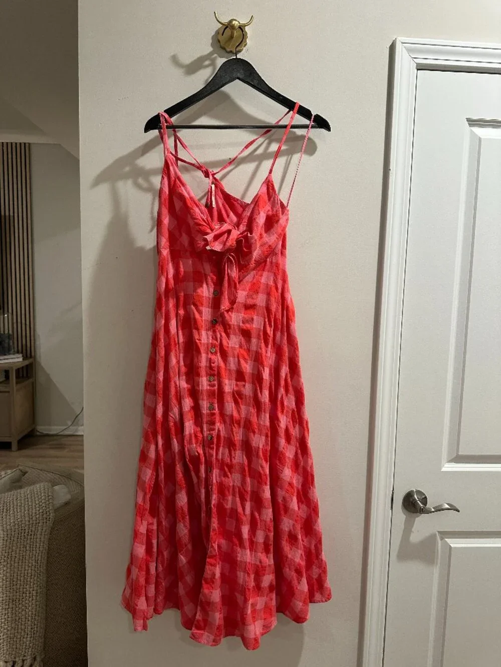 FREE PEOPLE Via Gingham Cotton Seersucker Sundress Red Combo Everly X-Small NWT